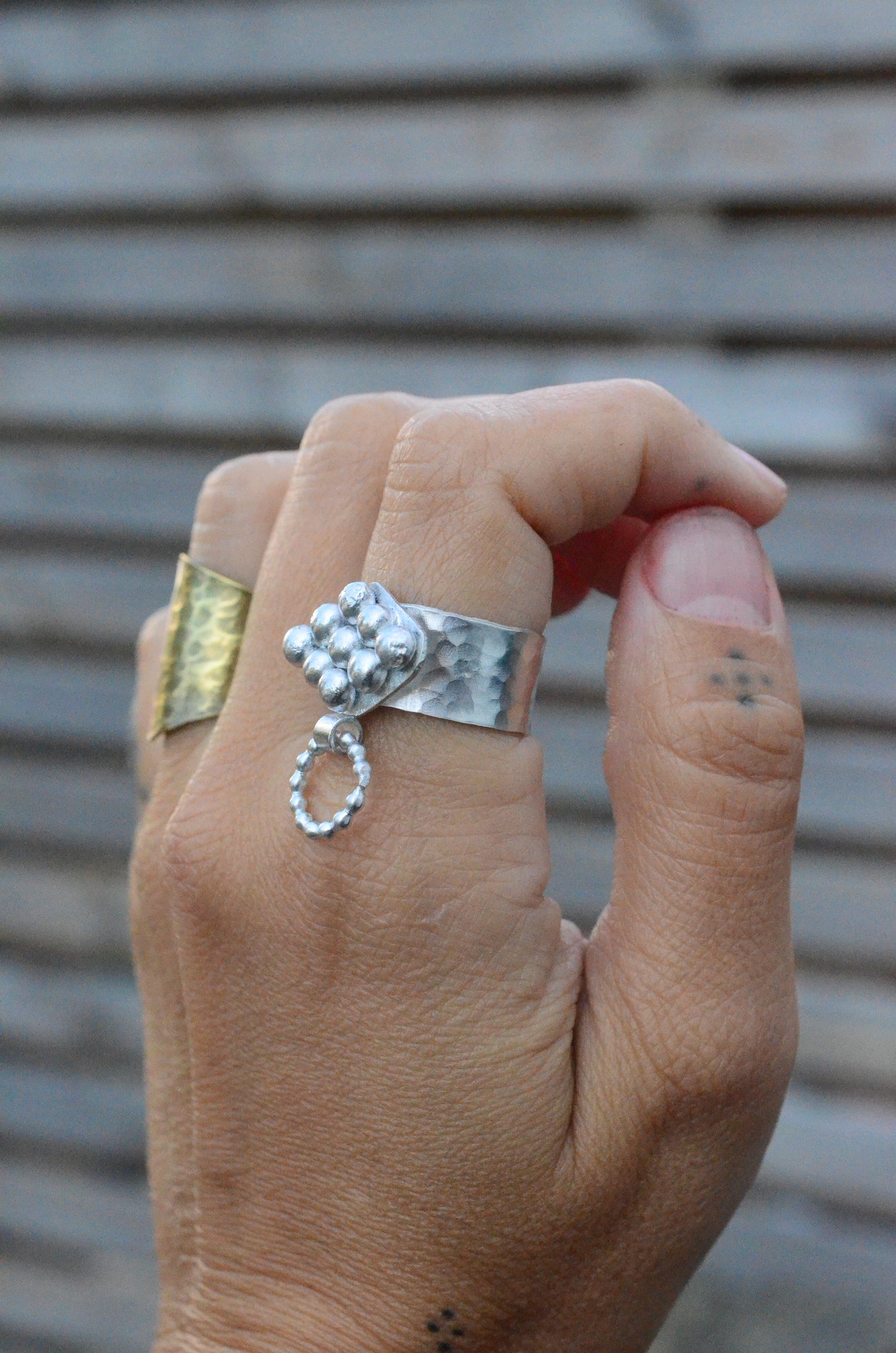 Sterling Silver Door Knocker Ring - Hammered Band