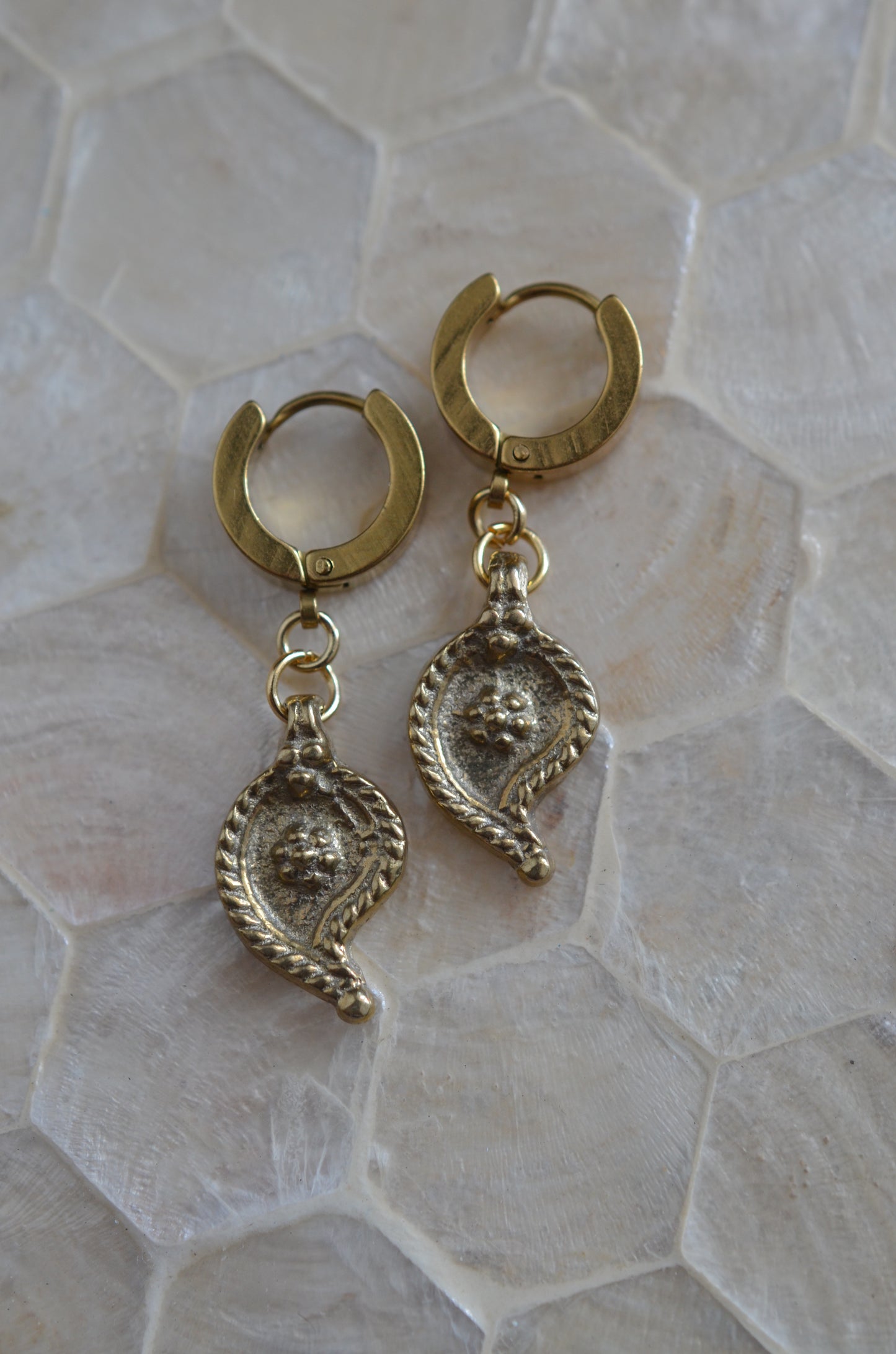 Stainless Steel and Brass Paisley Charm Earrings