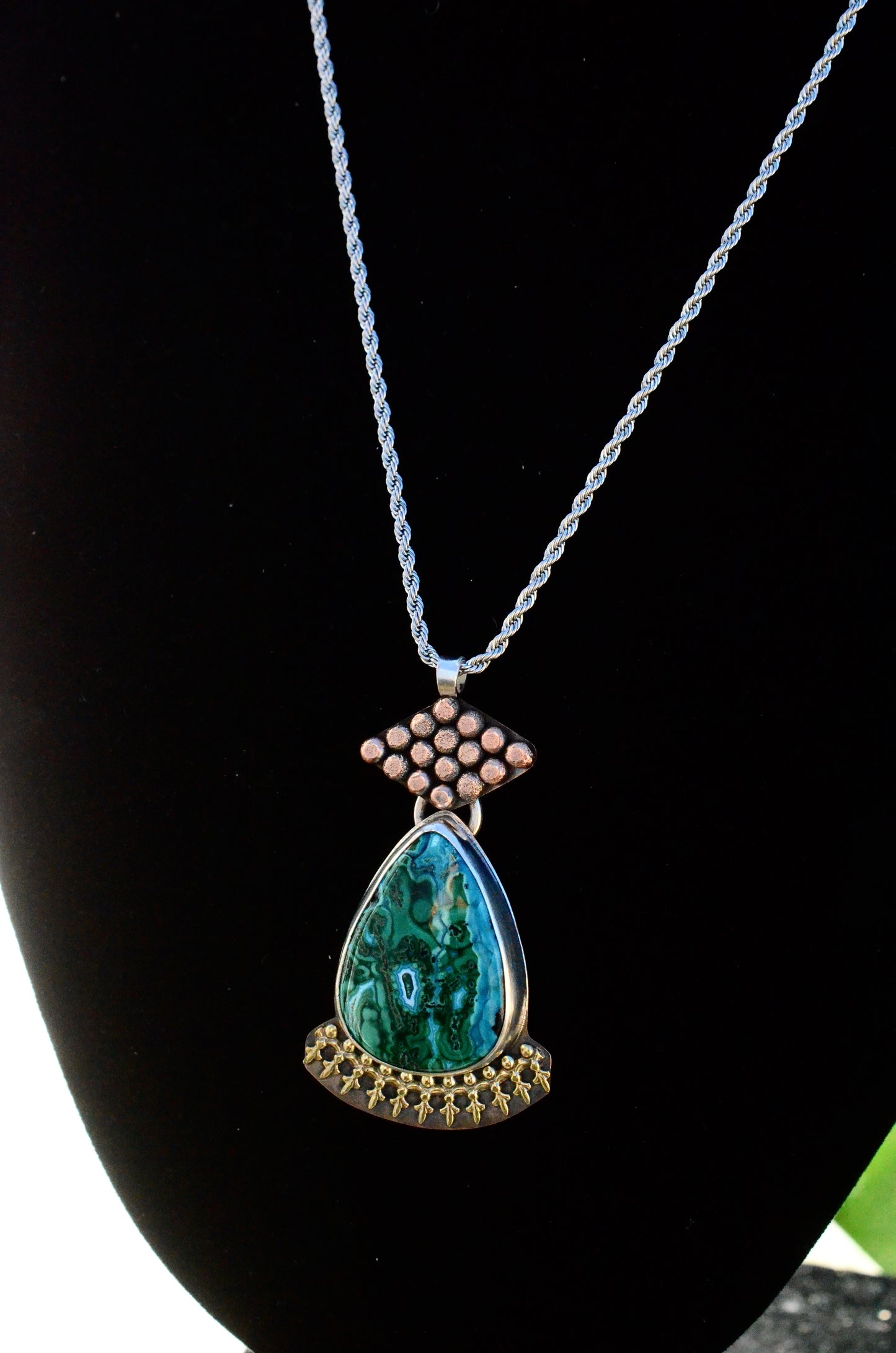 Azurite Malachite Necklace – Handmade Sterling Silver, Bronze & Brass Statement Pendant, One of a Kind