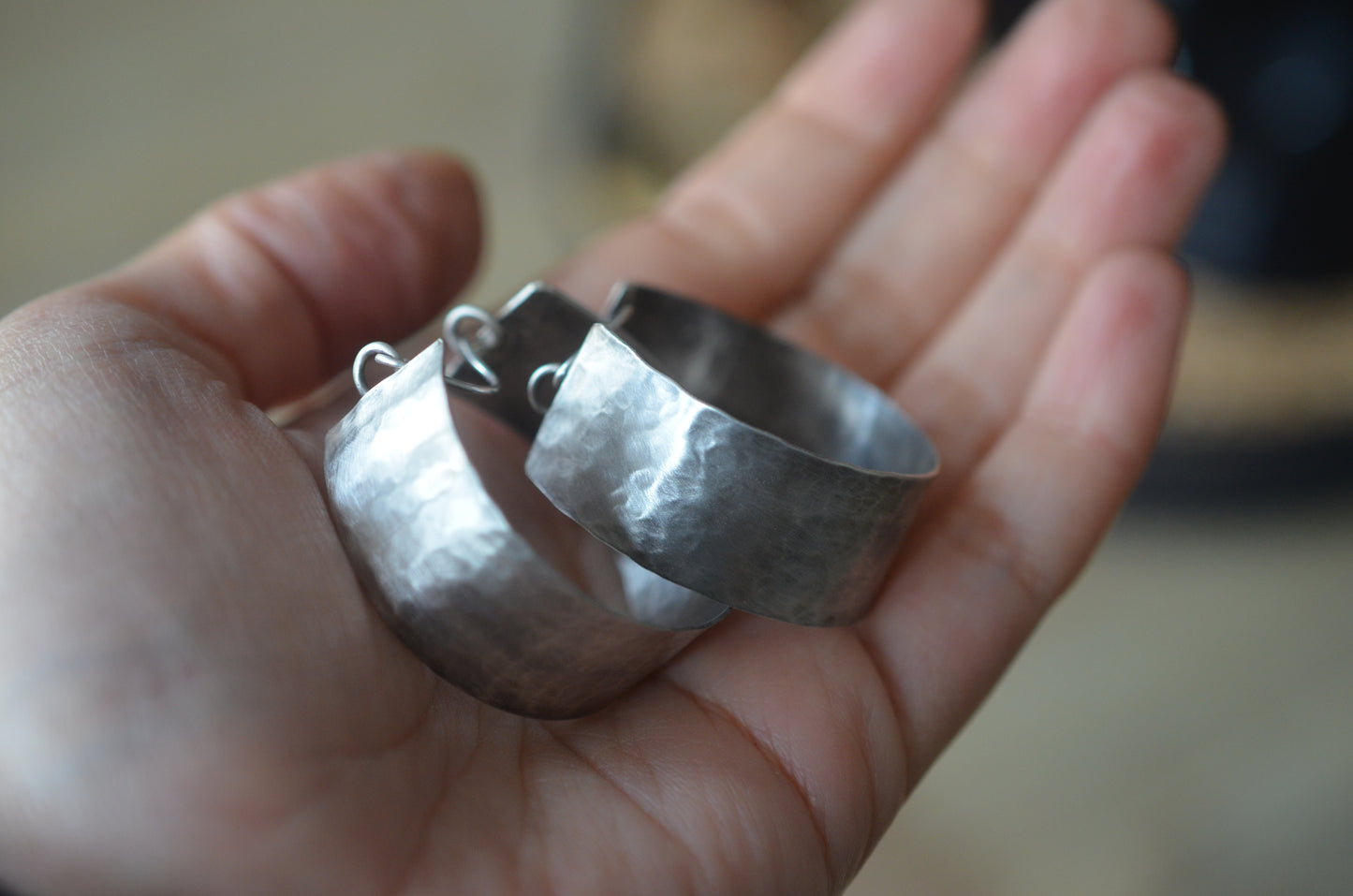 Chunky Hammered Silver Hoop Earrings