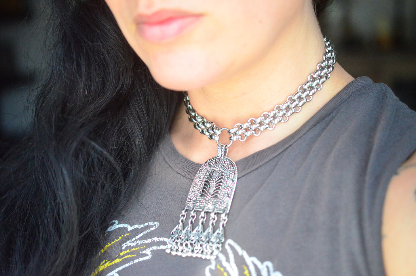 Suzie Q Stainless Steel Choker with Ornate Pendant