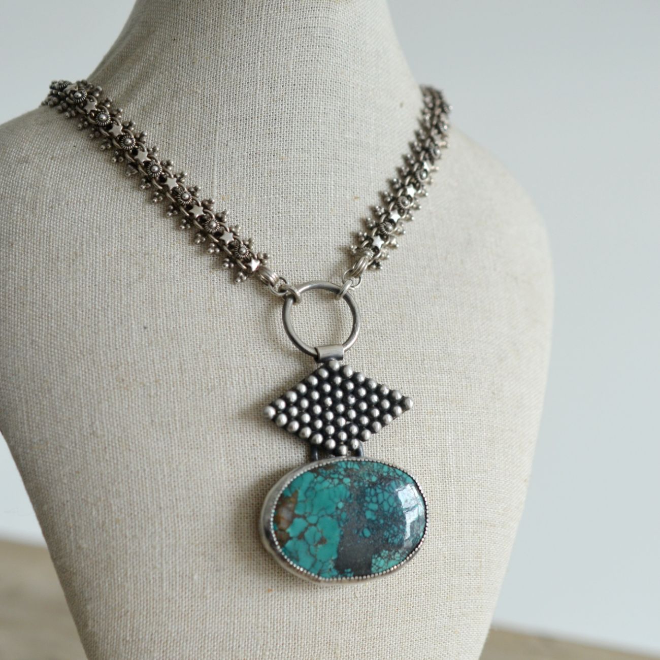 Large sterling silver turquoise necklace with reworked vintage Indian chain