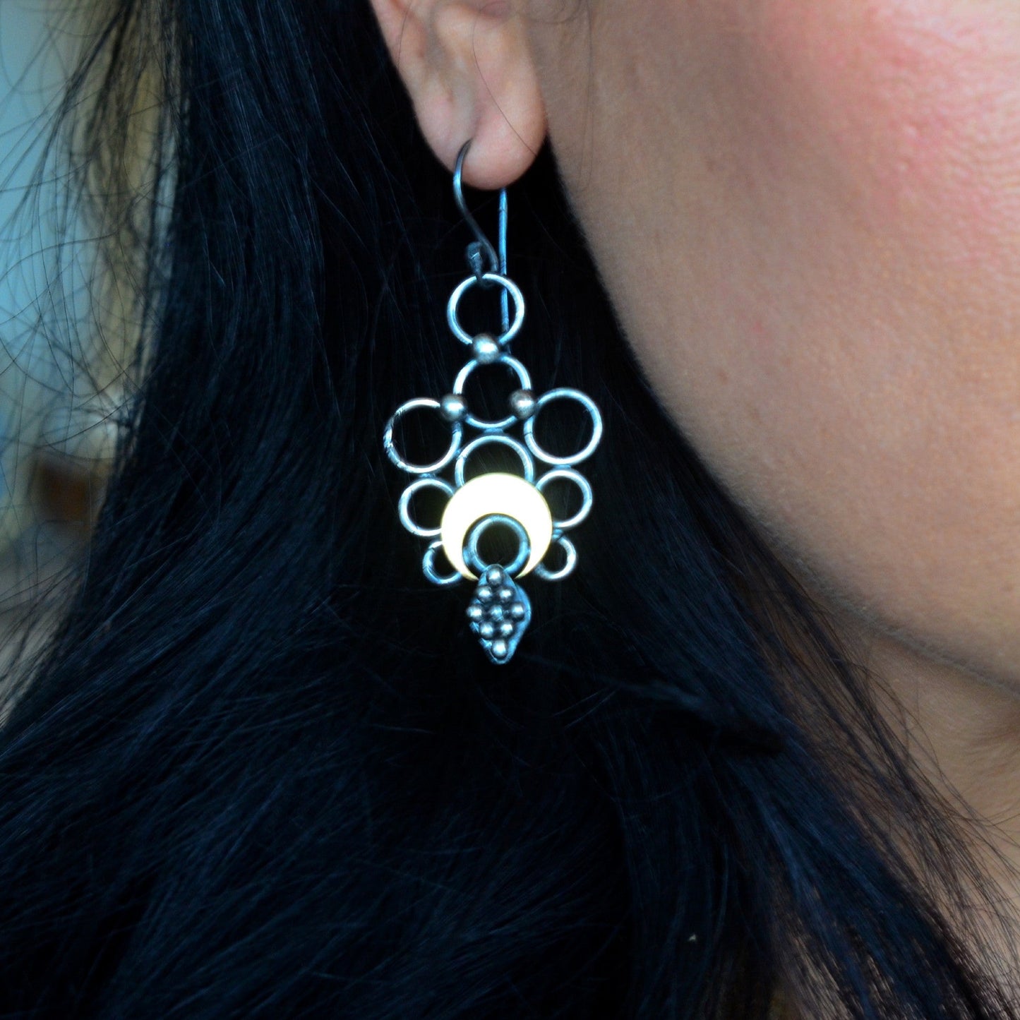 Ornate Crescent Moon Drop Earrings - Relic Collection