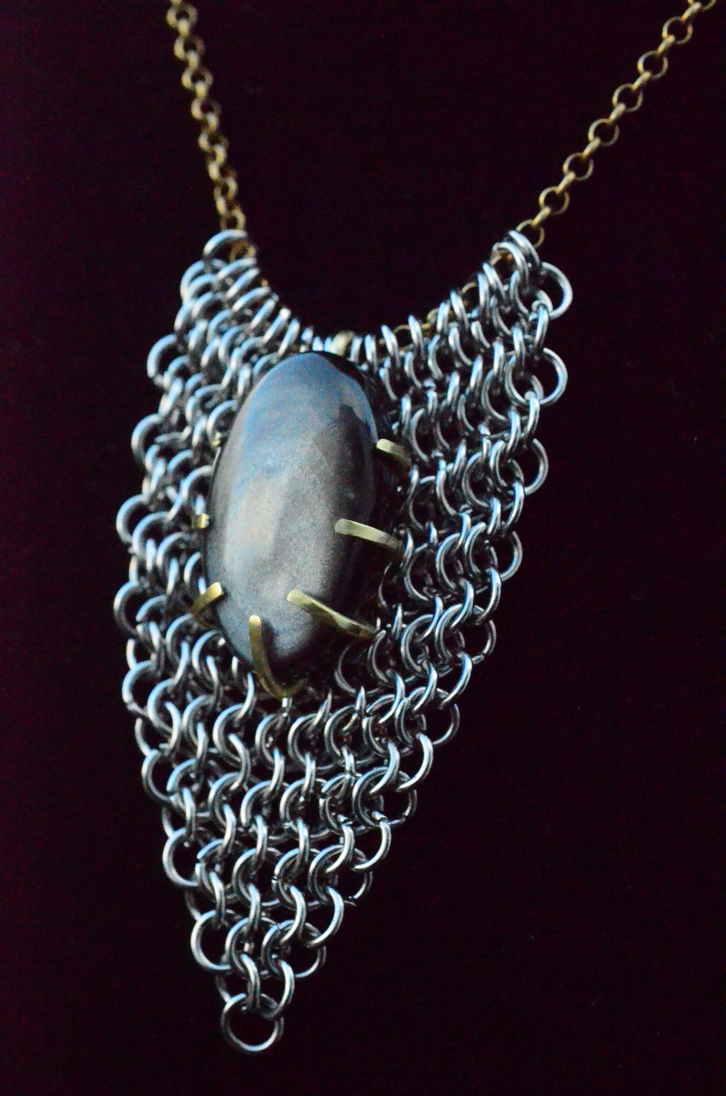 Silver Sheen Obsidian Chainmaille Necklace – Stainless Steel & Brass with Adjustable Chain