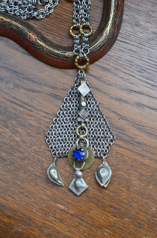 Boho Statement Necklace – Handmade Chainmaille & Vintage Kuchi Ornamental Necklace