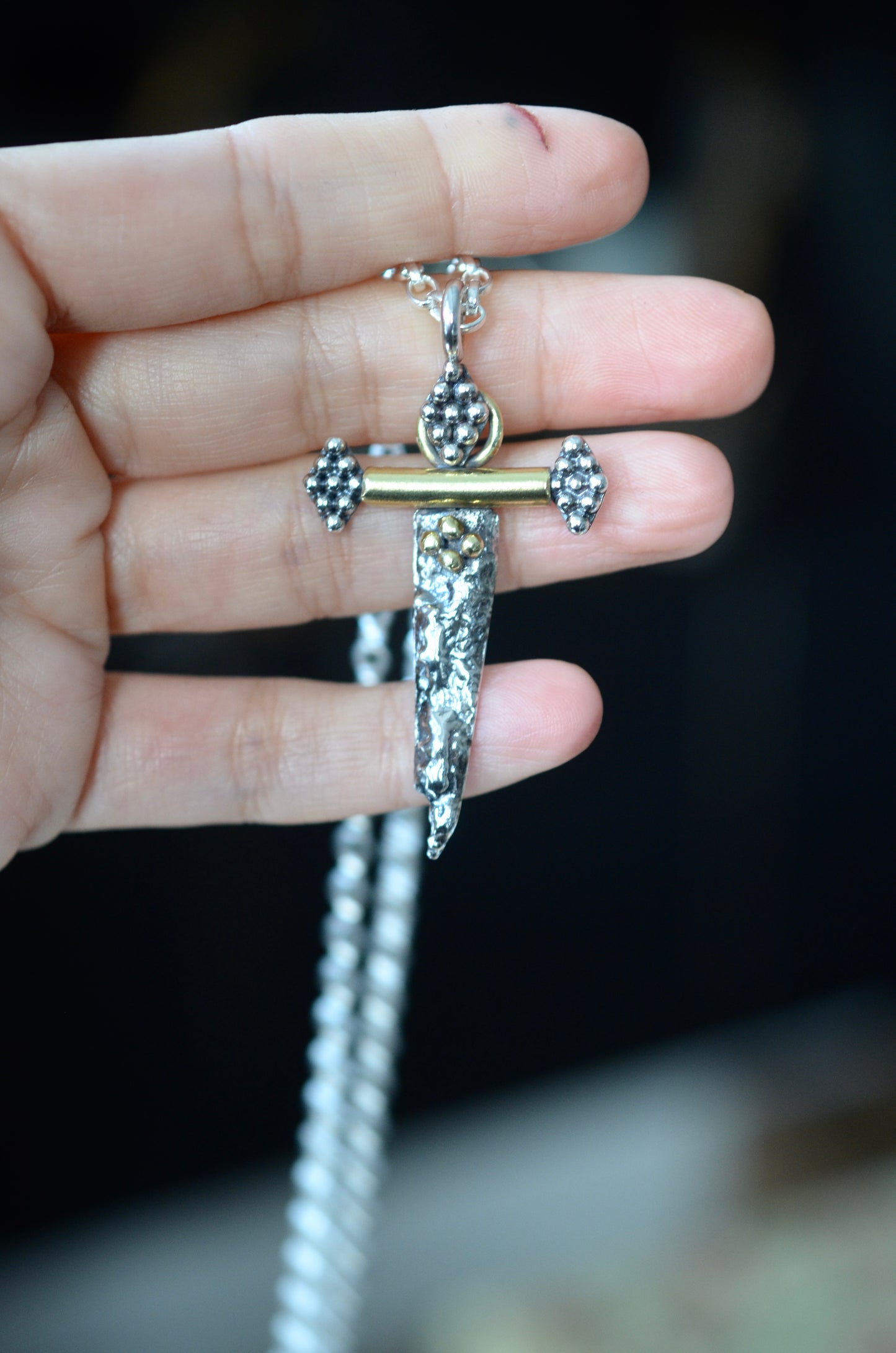 Reclaimed Silver Dagger Necklace - Sterling Silver & Brass