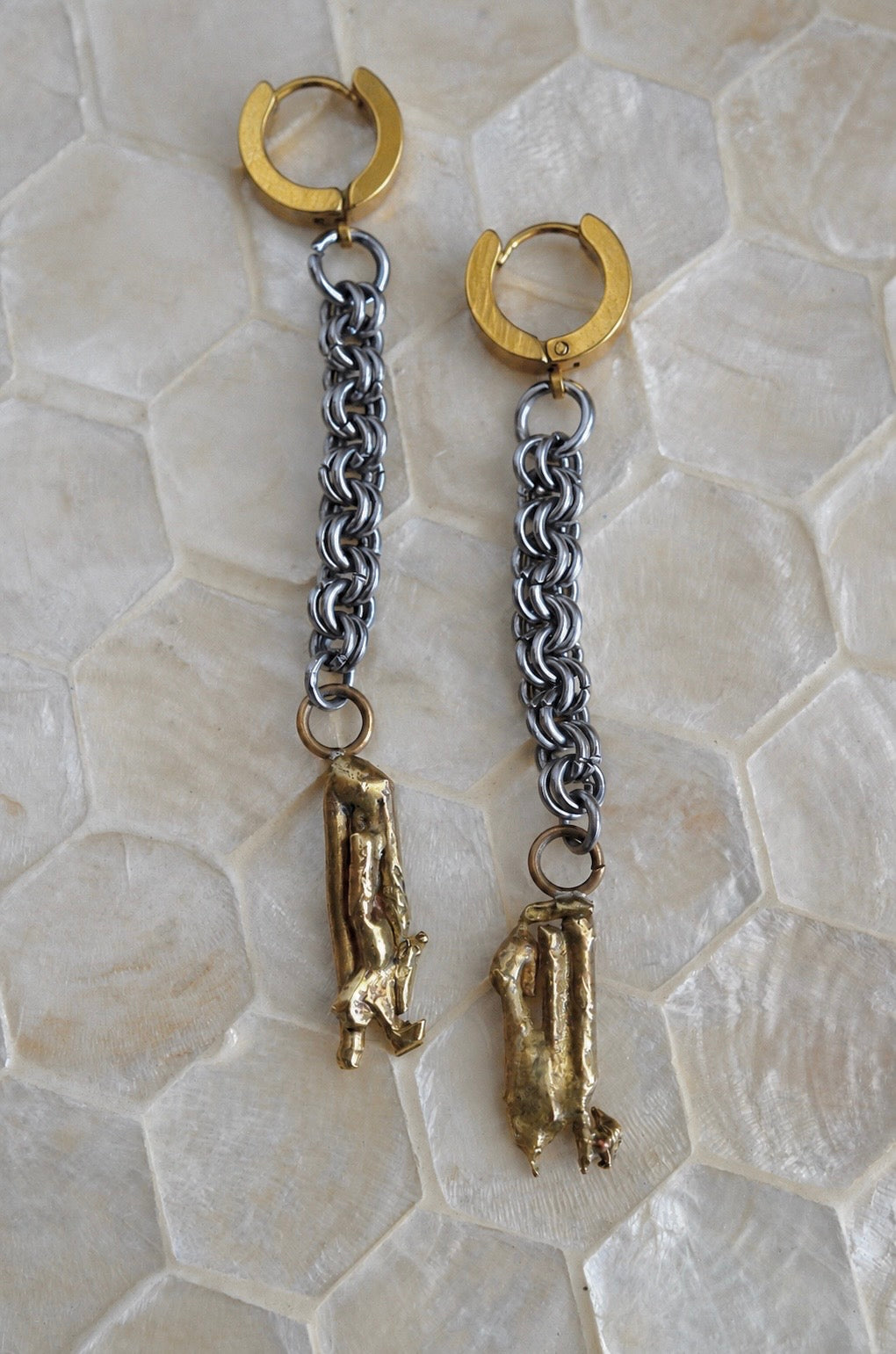 Stainless Steel and Brass Drop Molten Earrings