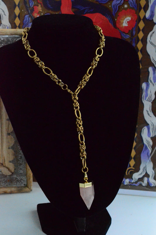 Rose Quartz Convertible Byzantine Lariat Necklace