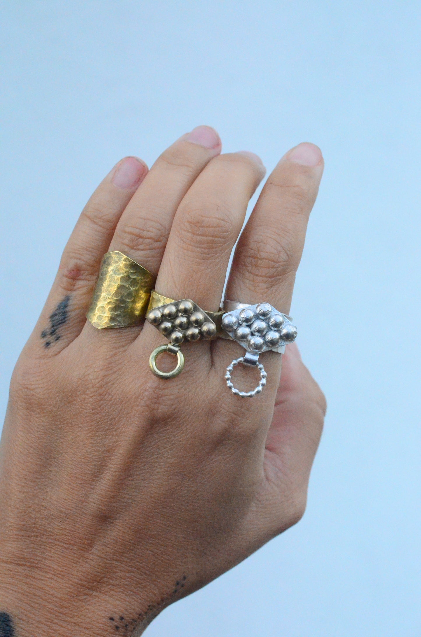 Sterling Silver Door Knocker Ring - Hammered Band