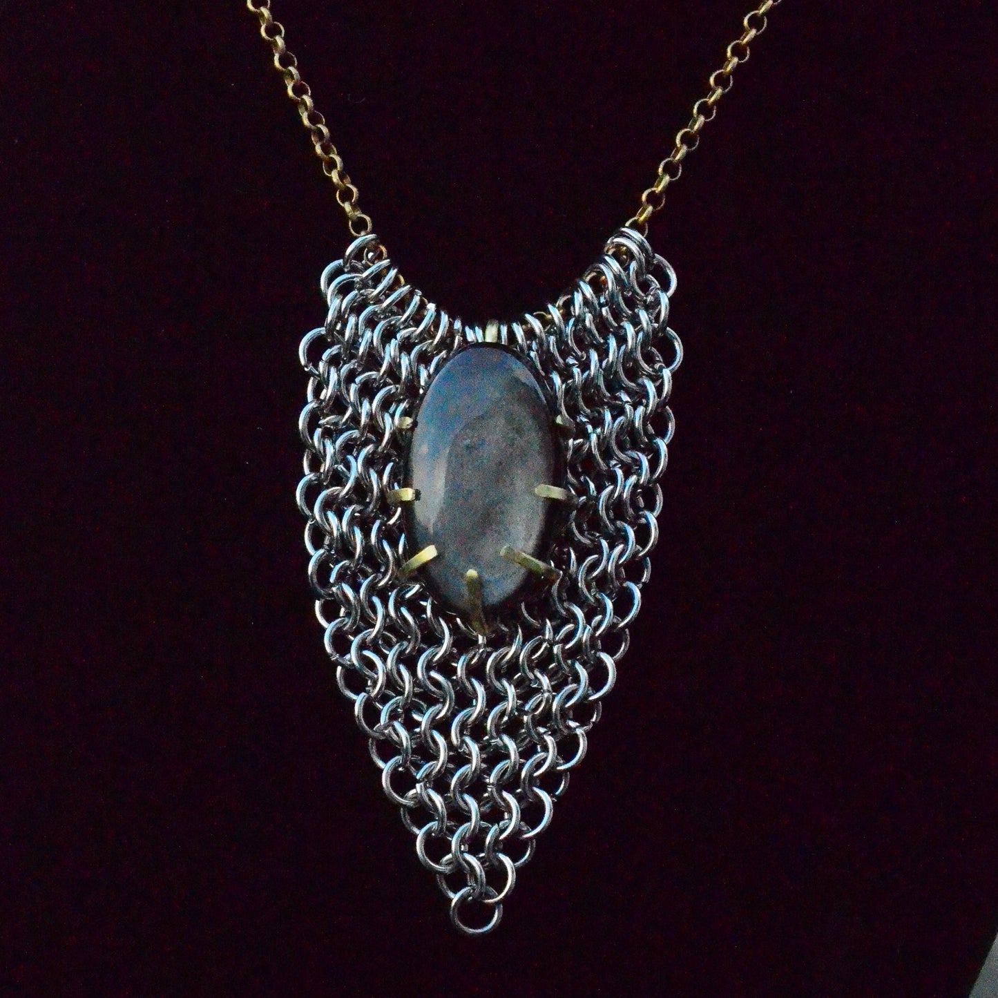 Silver Sheen Obsidian Chainmaille Necklace – Stainless Steel & Brass with Adjustable Chain
