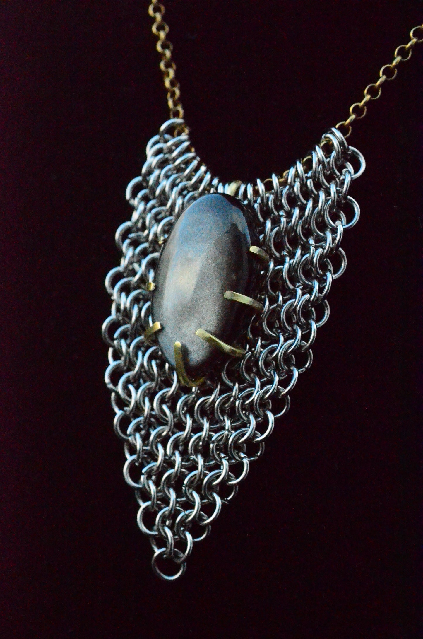Silver Sheen Obsidian Chainmaille Necklace – Stainless Steel & Brass with Adjustable Chain