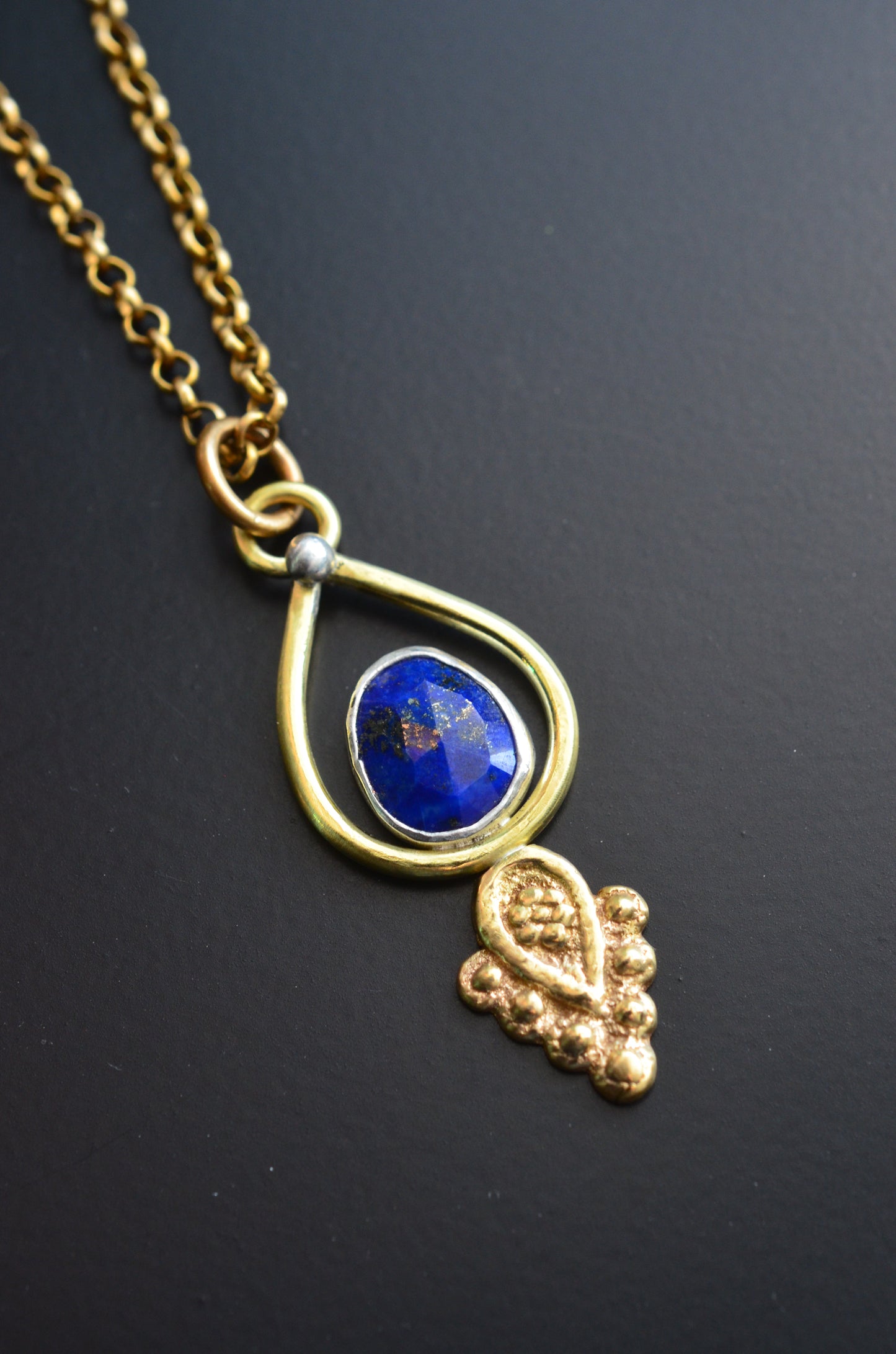 Handmade Lapis Lazuli Teardrop Necklace – Brass & Sterling Silver on 18” Rolo Chain