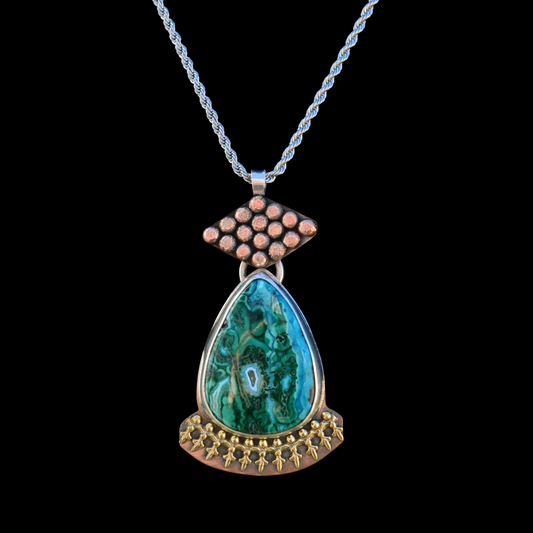 Azurite Malachite Necklace – Handmade Sterling Silver, Bronze & Brass Statement Pendant, One of a Kind