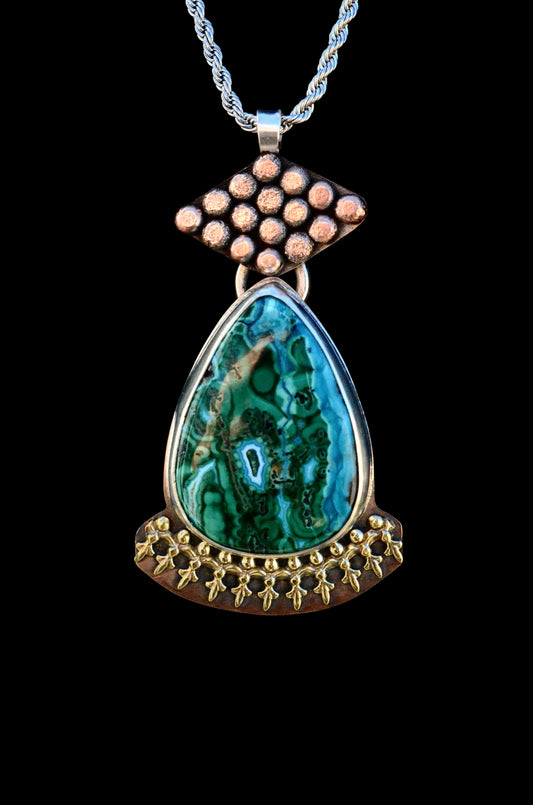 Azurite Malachite Necklace – Handmade Sterling Silver, Bronze & Brass Statement Pendant, One of a Kind