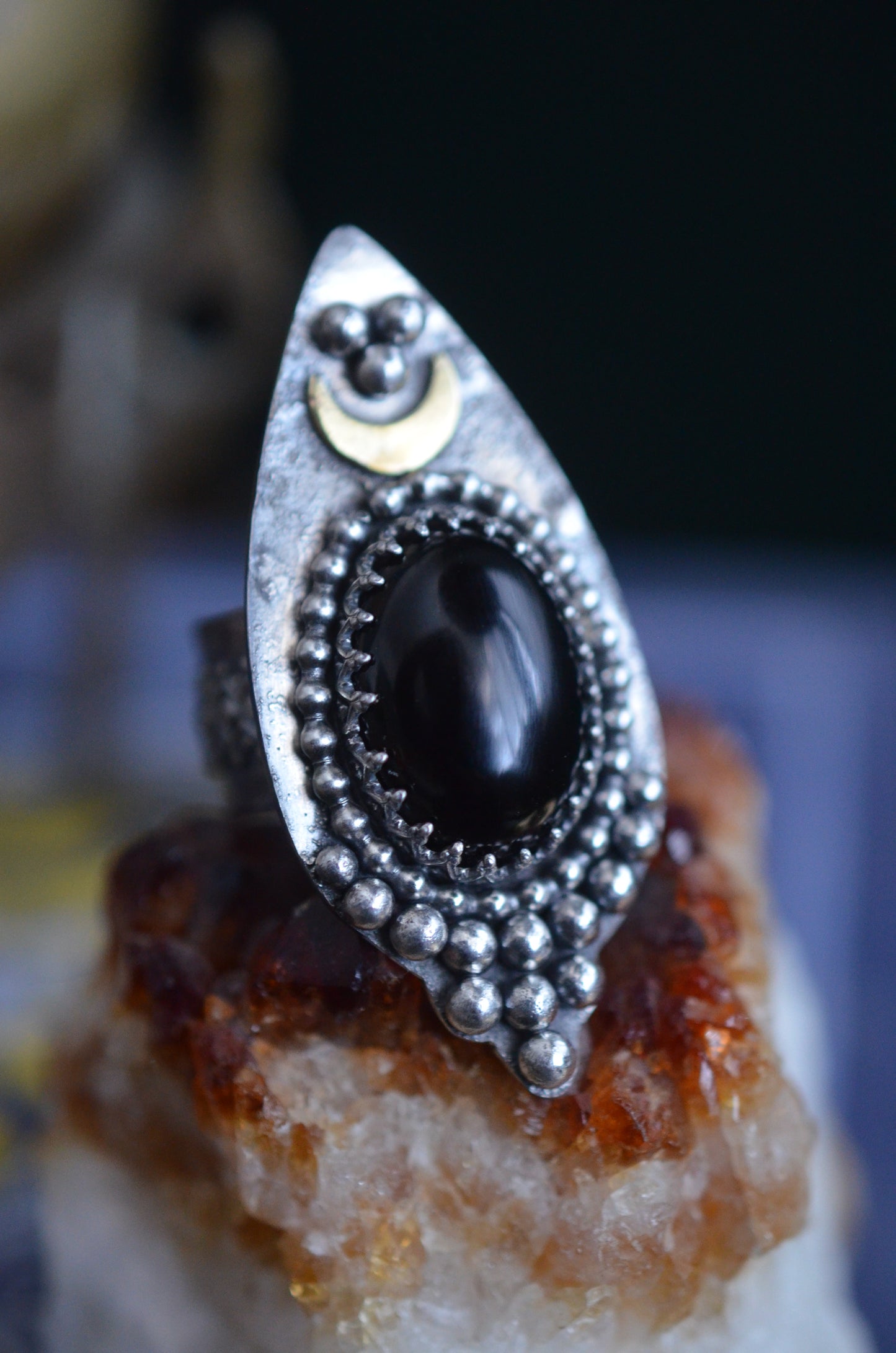 Dark Moon Onyx & Sterling Silver  Celestial Ring