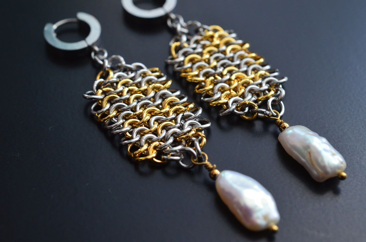 Stainless steel & Baroque Pearl Chainmail Earrings