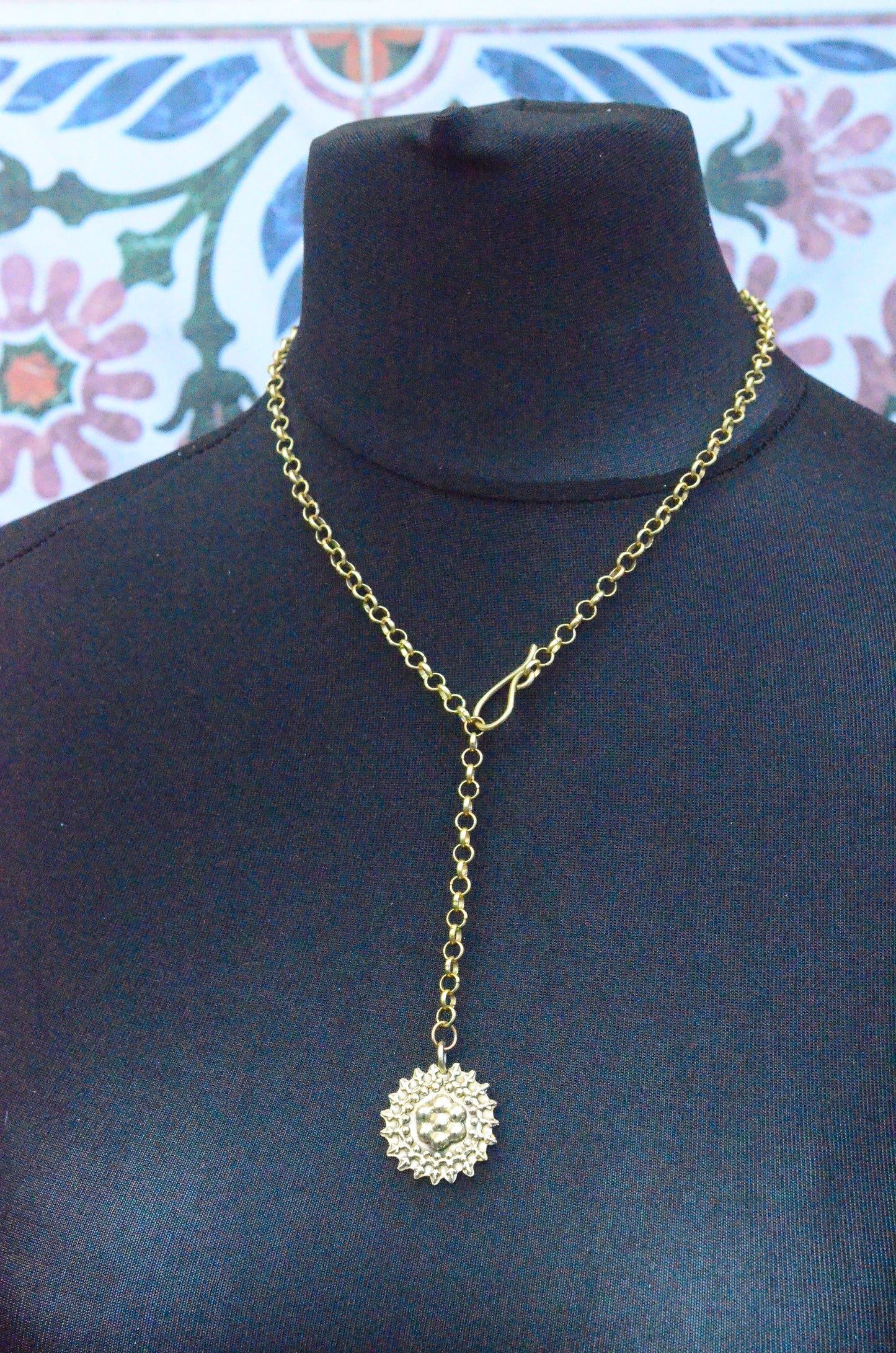 Handmade Brass Floral Pendant on Chunky Chain