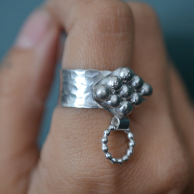 Sterling Silver Door Knocker Ring - Hammered Band