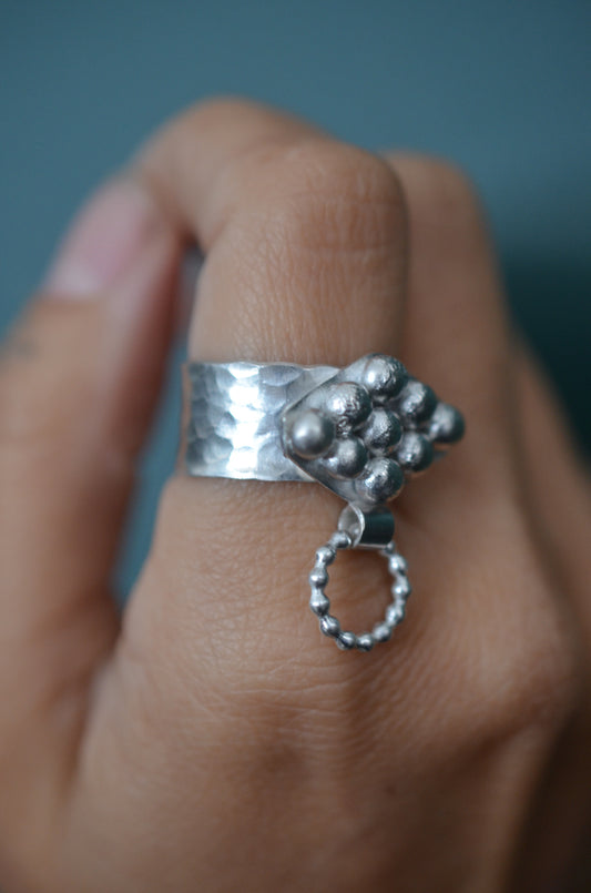 Sterling Silver Door Knocker Ring - Hammered Band