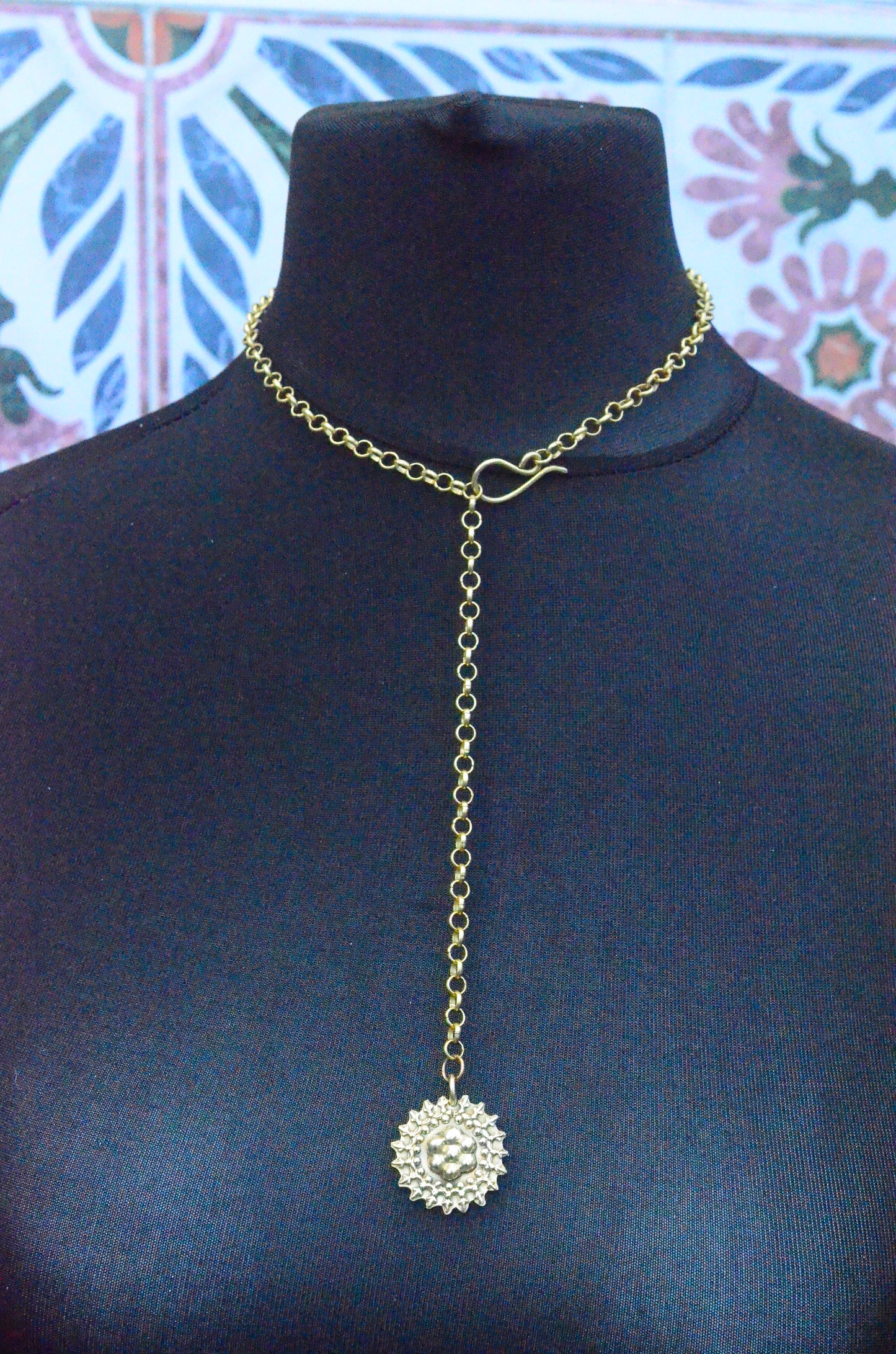 Handmade Brass Floral Pendant on Chunky Chain