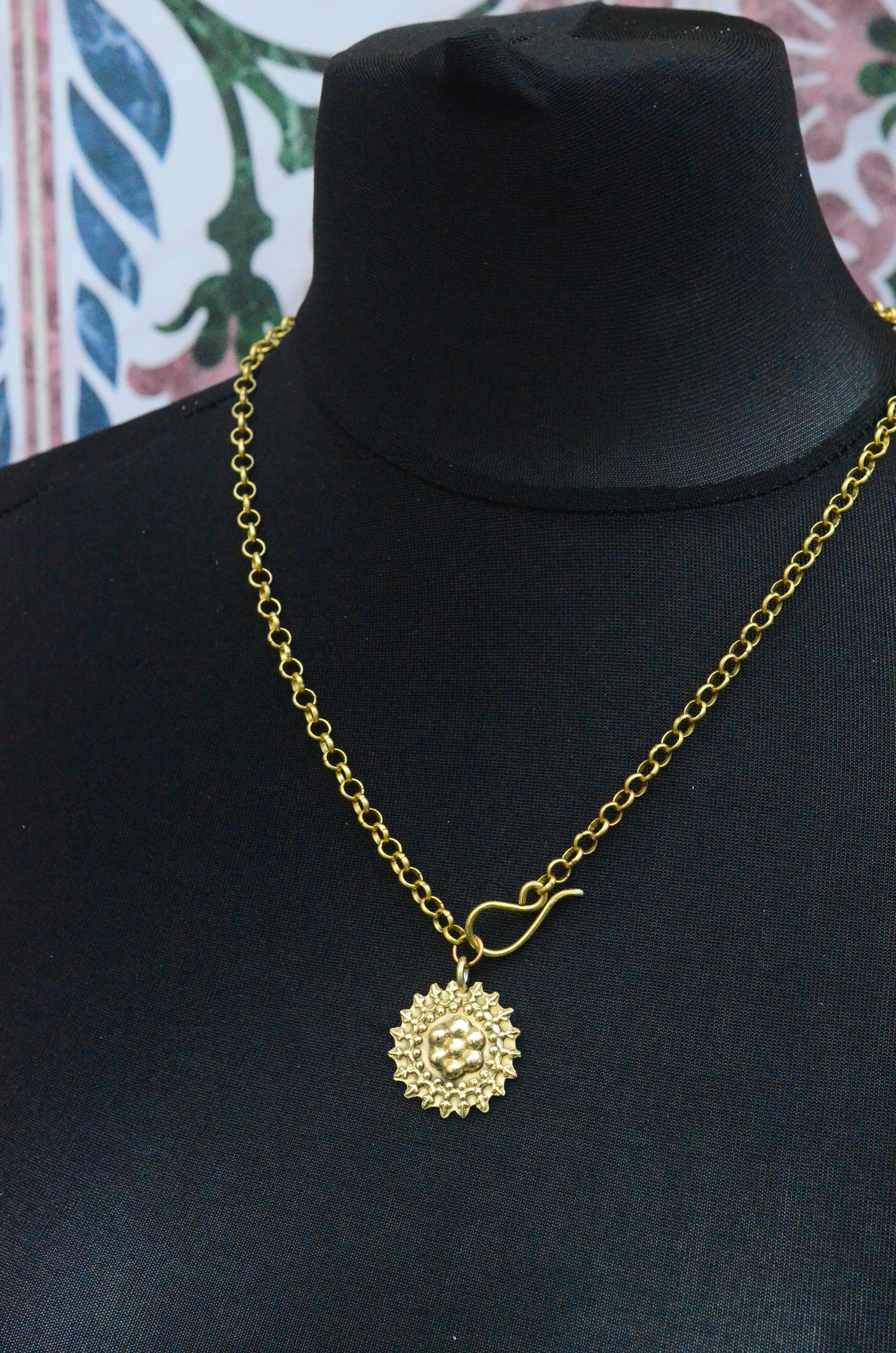 Handmade Brass Floral Pendant on Chunky Chain