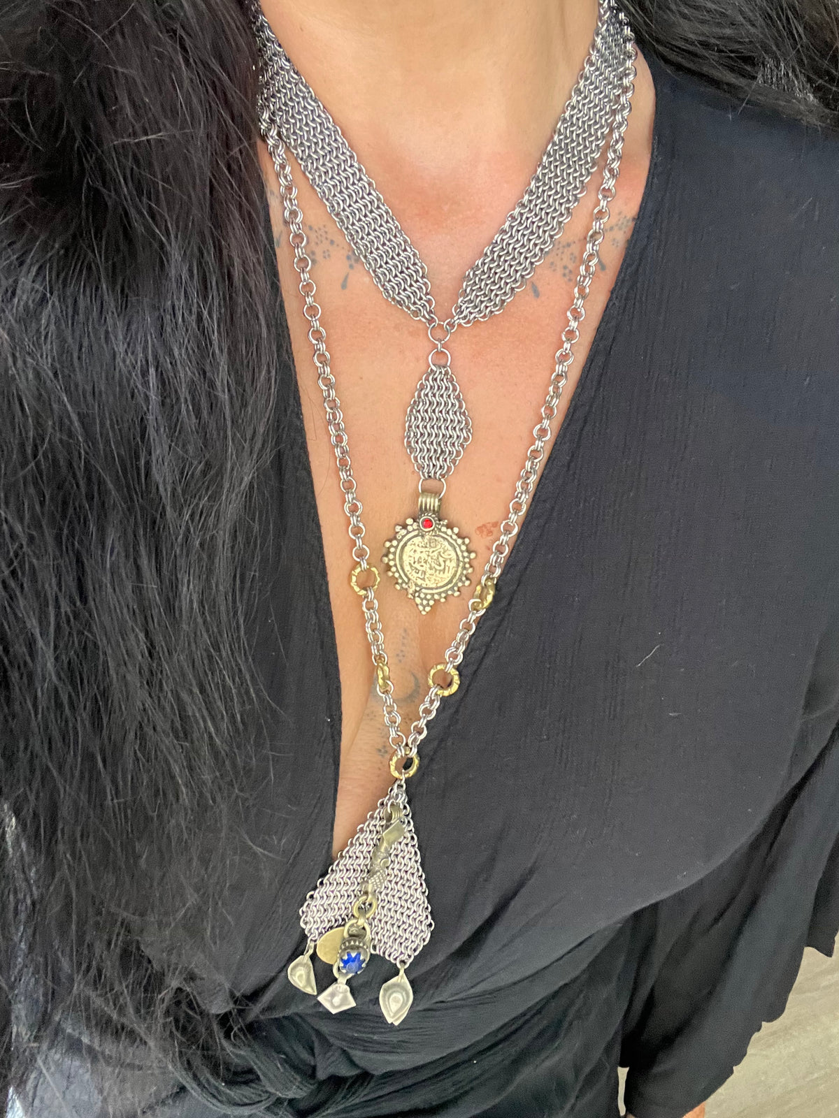Boho Statement Necklace – Handmade Chainmaille & Vintage Kuchi Ornamental Necklace