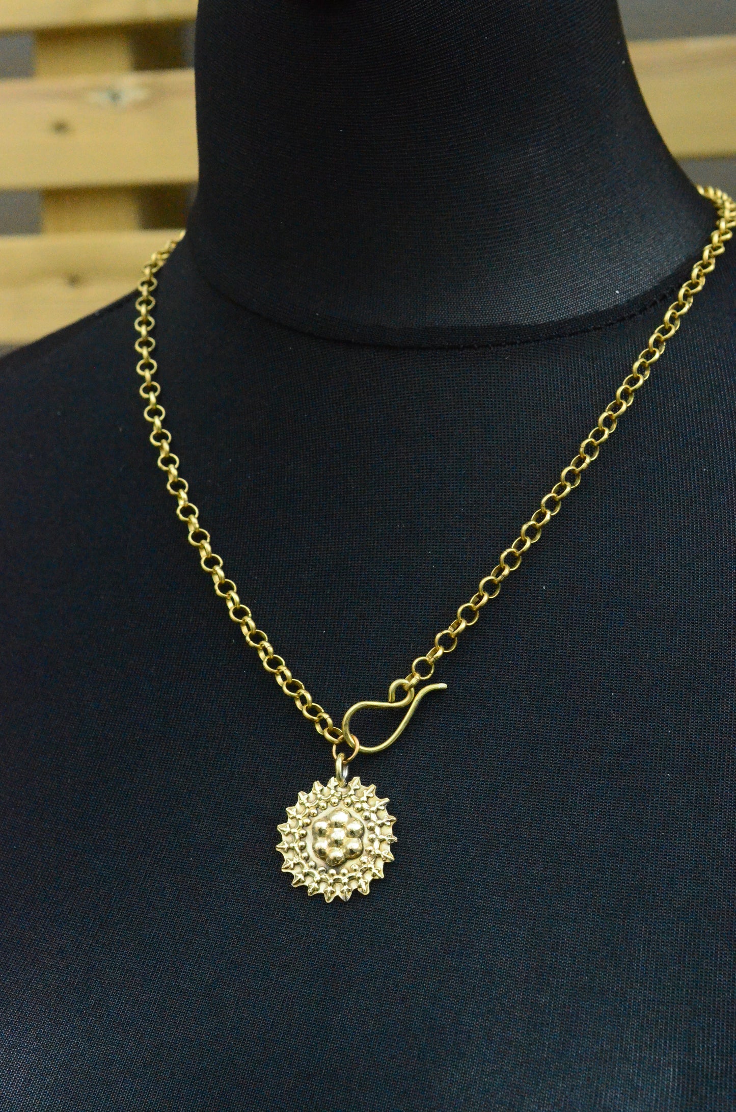 Handmade Brass Floral Pendant on Chunky Chain