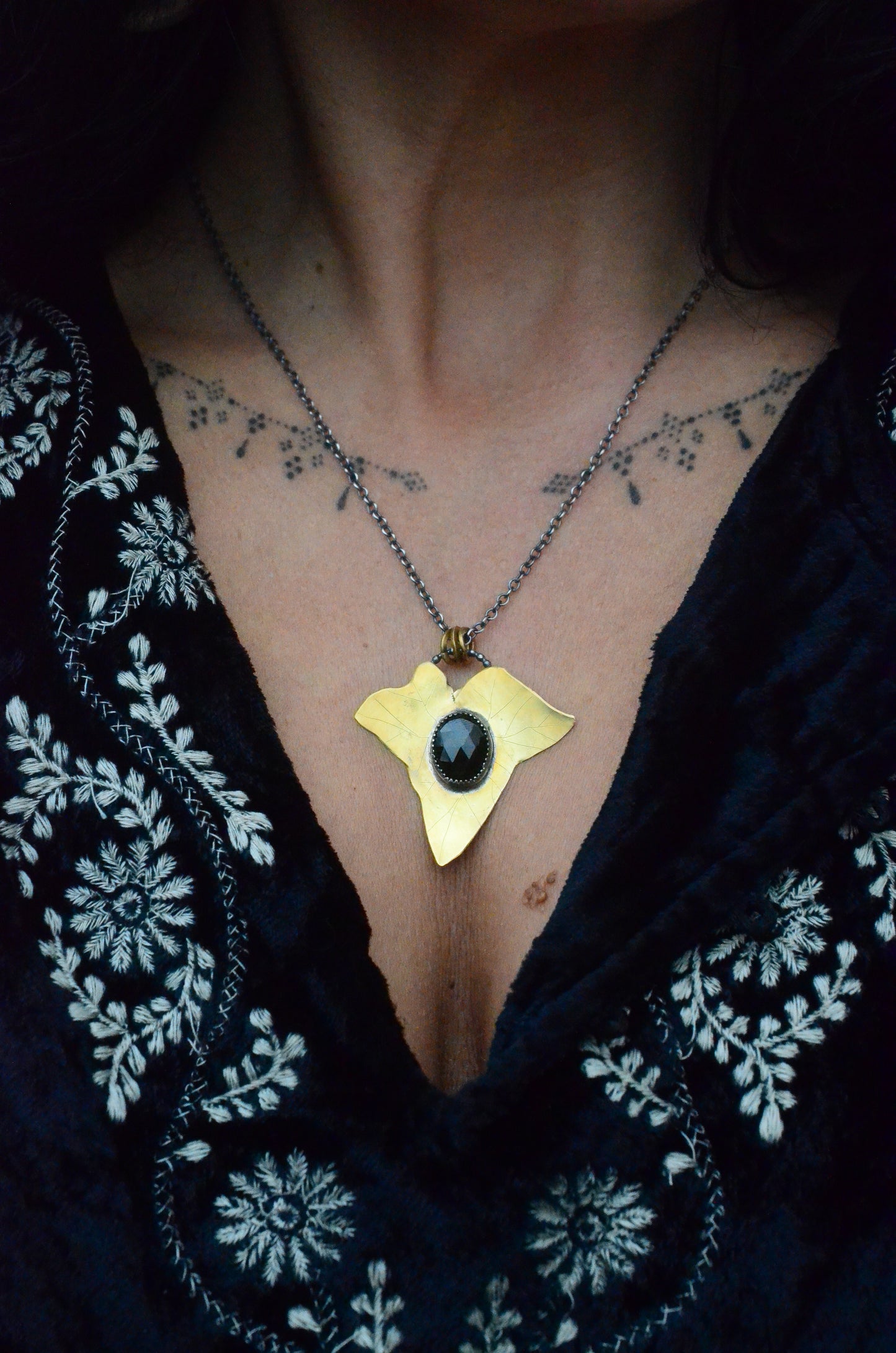 Brass & Onyx Ivy Leaf Necklace