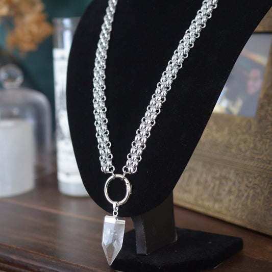 Clear Crystal Quartz Long Stainless Steel Necklace