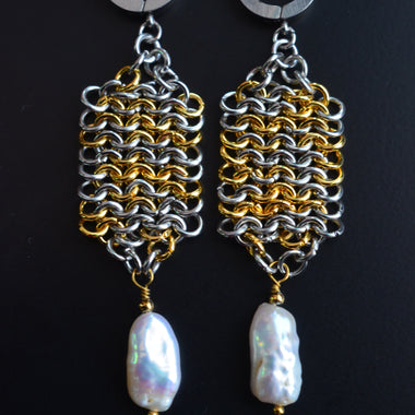 Stainless steel & Baroque Pearl Chainmail Earrings