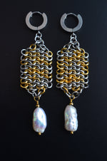Stainless steel & Baroque Pearl Chainmail Earrings