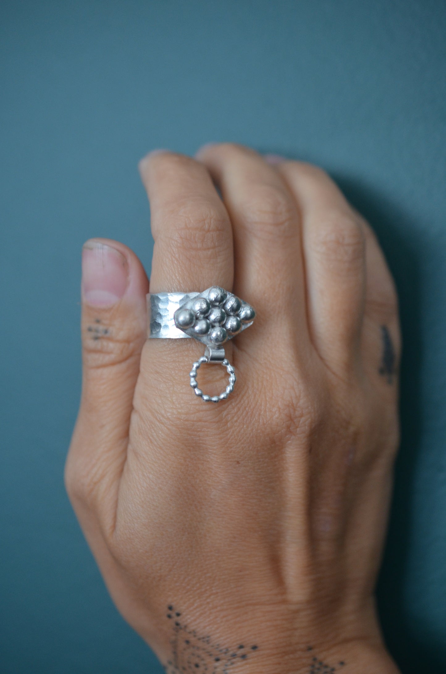 Sterling Silver Door Knocker Ring - Hammered Band