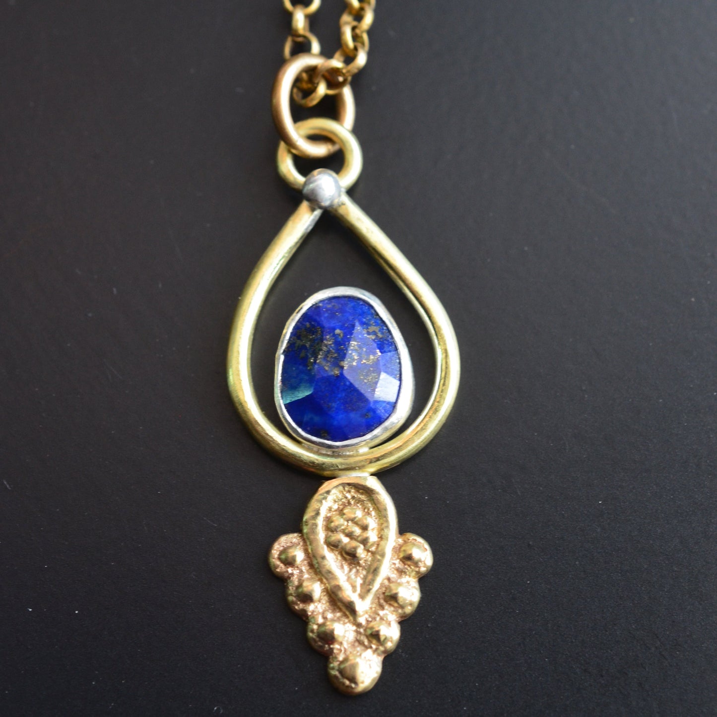 Handmade Lapis Lazuli Teardrop Necklace – Brass & Sterling Silver on 18” Rolo Chain