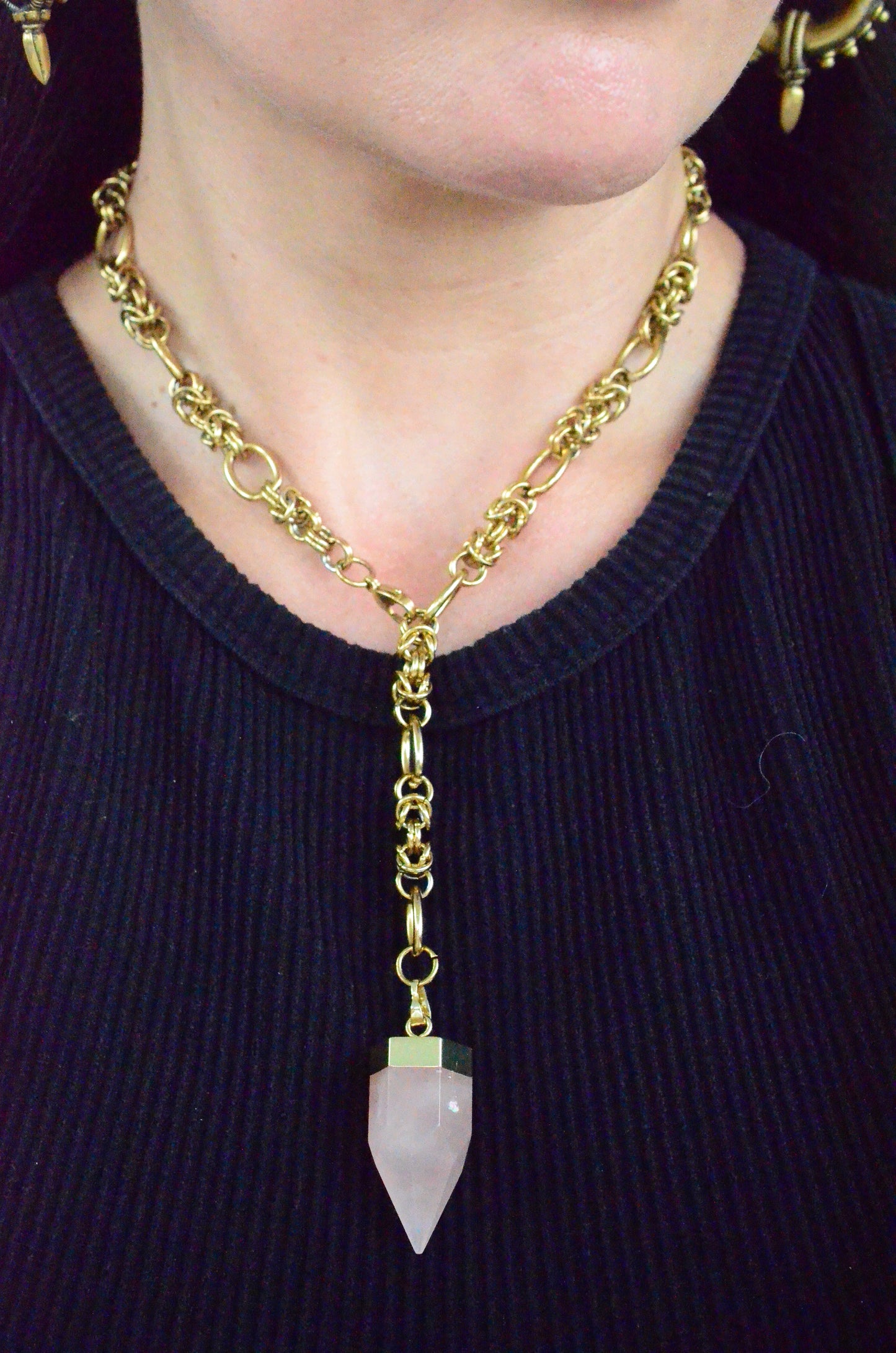 Rose Quartz Convertible Byzantine Lariat Necklace
