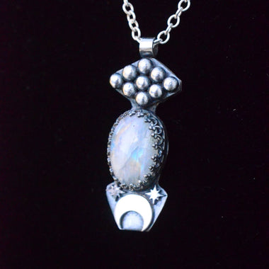 Celestial rainbow moonstone silver pendant