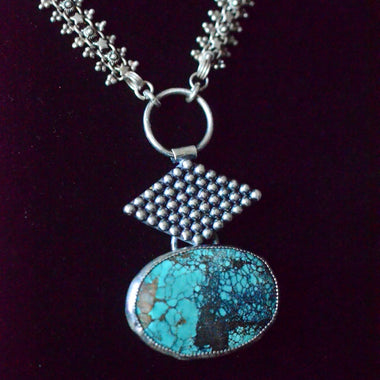 Large sterling silver turquoise necklace with reworked vintage Indian chain