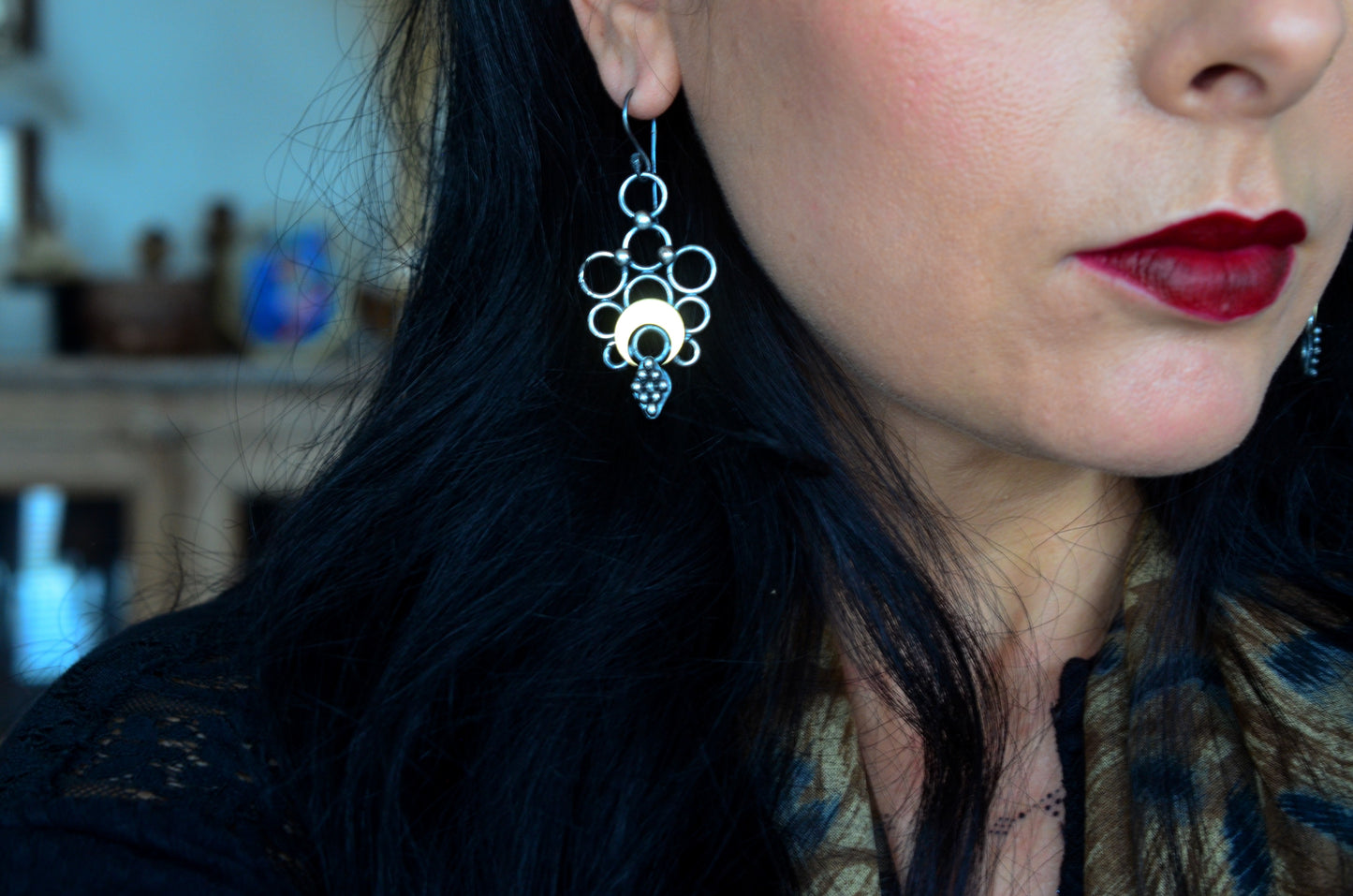 Ornate Crescent Moon Drop Earrings - Relic Collection