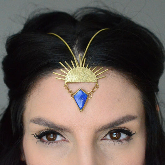 Lapis Lazuli & Brass Sunburst  Goddess Headpiece
