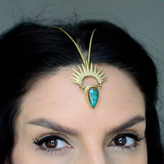 Turquoise & Brass Sunburst Goddess Headpiece